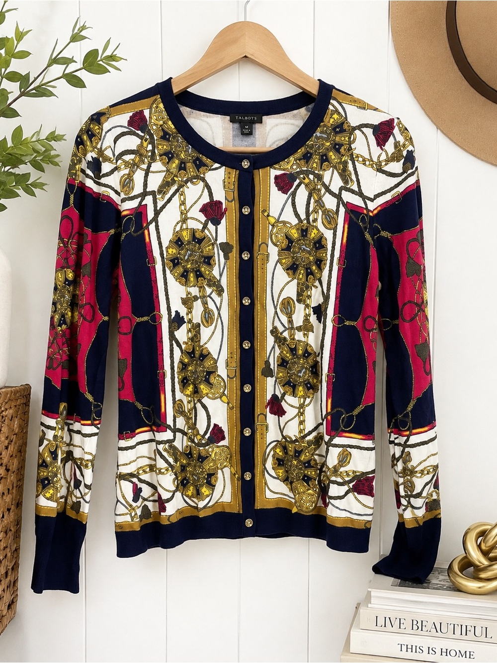 Talbots Equestrian Scarf Print Cardigan Size M Navy Gold Chain Belt Button Front